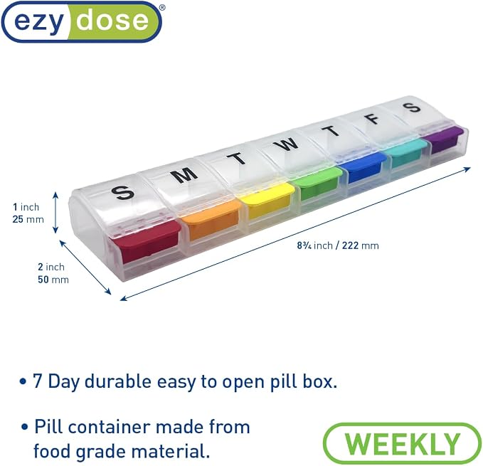 Ezy Dose Weekly (7-Day) Pill Organizer, X-Large Medicine Planner, Rainbow | Daily Vitamin & Supplement Case, Spacious Push-Button Compartments, Convenient & Easy to Use, Travel-Friendly, BPA-Free