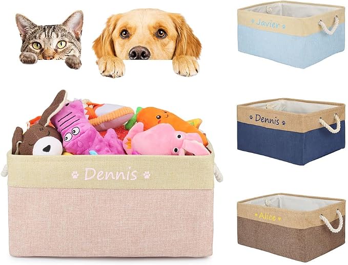 Personalized Pet Dog Toy Storage Foldable Bin Basket, Colorful Font Customized Pet's Name Box Organizer for Dog Toys、 Apparel & Accessories, with Weave Rope Handle(paw Blue-m)