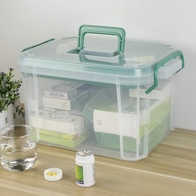 First Aid Kit Container, Clear Organizer Box, Medicine Organizer | Clear Plastic First Aid Box with Removal Tray/ Lid/ Handle, Functional Container