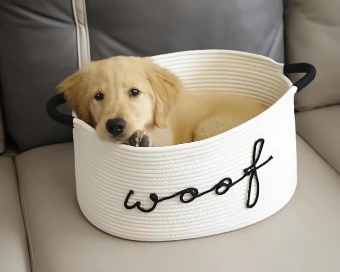 Triangle Woven Pet Toy Storage Bin with Carry Handle | Spacious organizer for dog toys, blankets and pet accessories, convenient storage bin to tidy up your pet supplies at home.