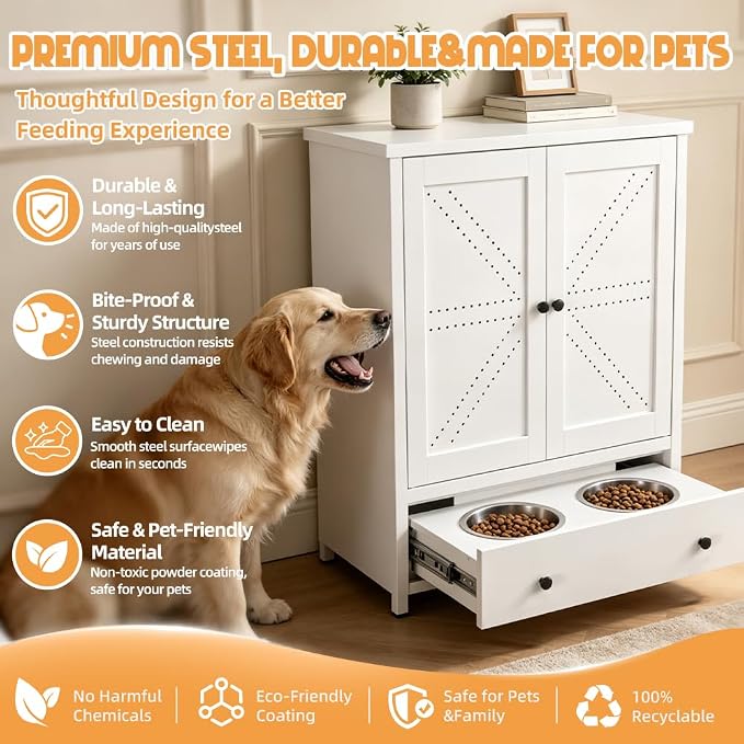 Dog Feeding Station with Storage Cabinet, Metal Pet Feeding Station with Storage, Dog Food Storage Cabinet with 2 Elevated Stainless Steel Bowls, Pet Food Cabinet Organizer, White