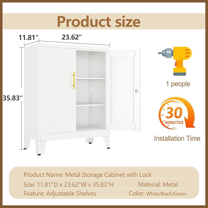 Small Metal Storage Cabinet, Lockable Tool Cabinet with Doors and 2 Shelves | Compact 23.6-Inch Width, 2 Adjustable Shelves, Locking Doors, Magnetic Closure, Adjustable Feet, Cold-Rolled Steel