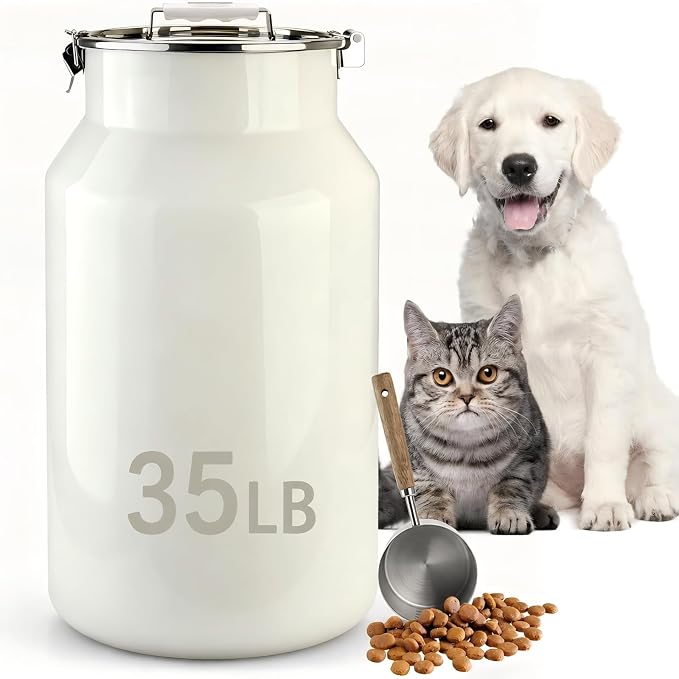 35 lb Dog Food Storage Container, Airtight 304 Stainless Steel Bin | 32 Qt capacity, locking lid, silicone seal ring, top handle, 1 cup scoop, for kibble, dogs and cats