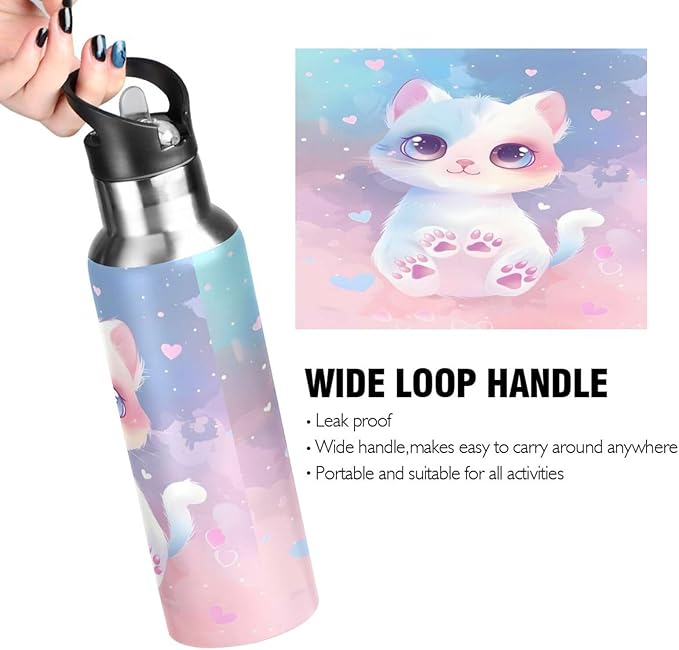Cat Pet Pink Water Bottle with Straw Lid Kids Insulated Stainless Steel Water Flask Sports, 20 Oz Hot Cold