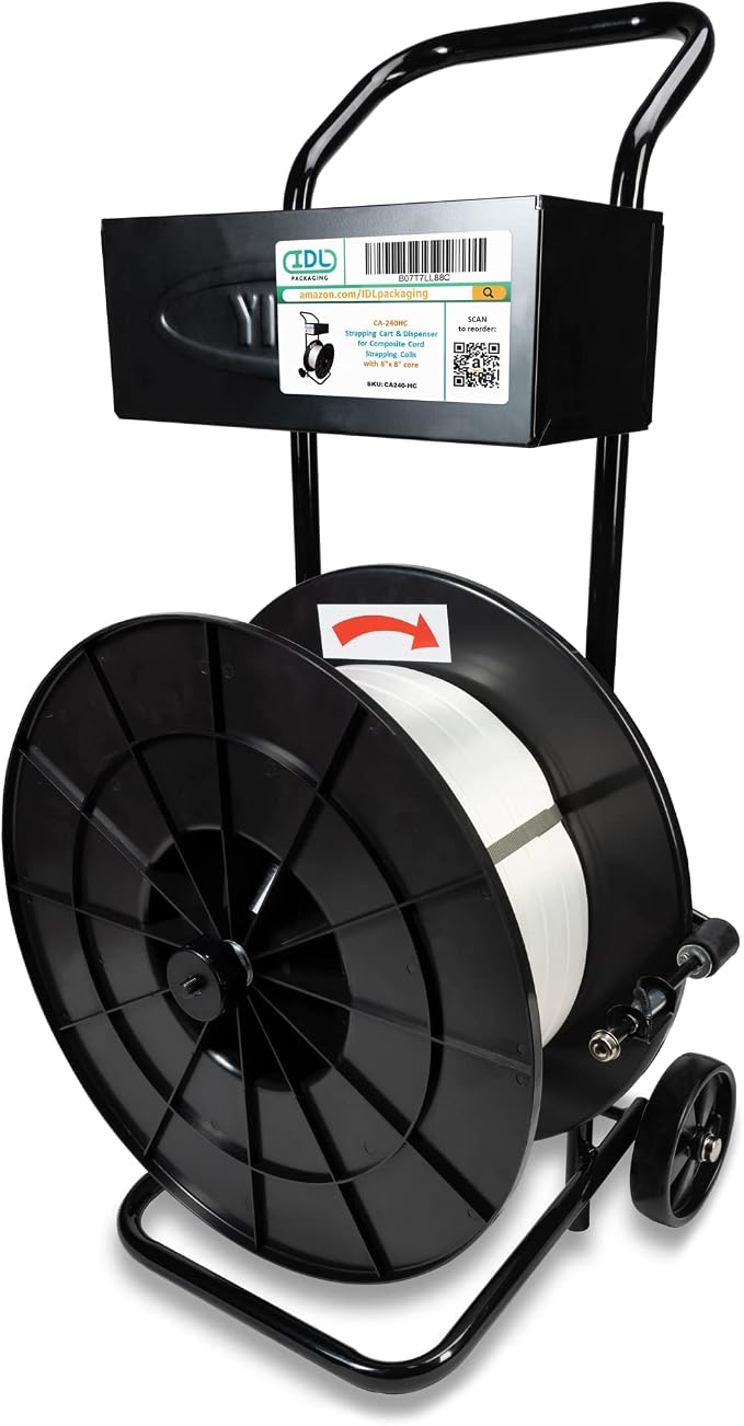 IDL Packaging Strapping Cart & Dispenser for Cord Strapping (8" x 8" Core) | CA-240HC for Composite Cord Coils - Solid Steel Tube Frame for Durability - Spacious Tray for Cutter, Buckles & Gloves