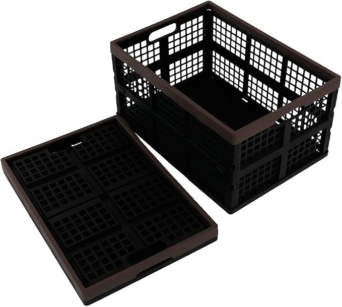 2-Pack 42 L Plastic Staking Folding Storage Basket Crates, Balck | Extra large plastic crate storage, fold flat when not in use, perfect for home, office, and garage organization