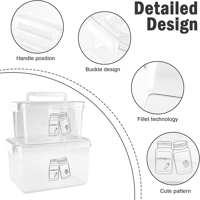 3 Pack Supplement Bottle Organizer with Travel Pill Organizer, Clear Plastic Vitamin Pill Bottle Organizer with Lid & Handle, Stackable First Aid Box Empty for Medicine, Fish Oil, Supplements