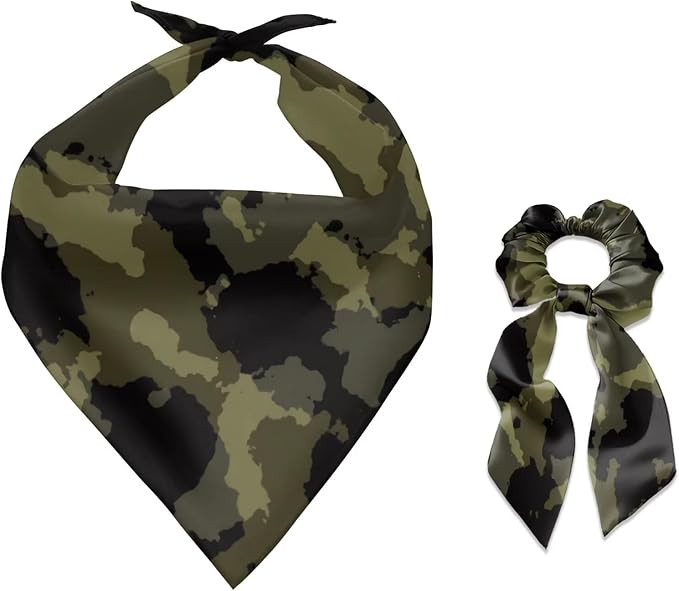 COEQINE Green Camo Valentines Dog Bandanas Brothers with Hair Tie Bow Cool Adult Waiter Costume with Pet Costume Christmas Party Cosplay 2 Pcs Winter Clothing for Women Dog Outfit