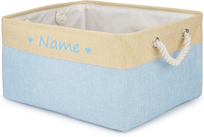 Personalized Pet Dog Toy Storage Foldable Bin Basket, Colorful Font Customized Pet's Name Box Organizer for Dog Toys、 Apparel & Accessories, with Weave Rope Handle(heart light blue-l)