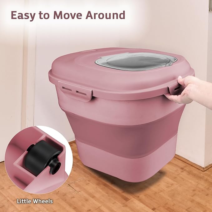 Komzon Rice Storage Bin Cereal Containers, 13-50lb Collapsible Rice Container Dispenser with Transparent Lid, Rolling Wheels, Measuring Cup and Scoop, Airtight Dog Cat Pet Food Storage Container Pink