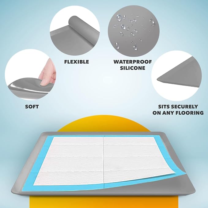 Dog Pee Pad Holder - Fits Up to 24” x 24” Pee Pad - 1 Pack - Light Grey | Stable Grip, Soft Edges, Quick Wipe Silicone Surface, Dog Pad Holder for Indoor Flooring Protection