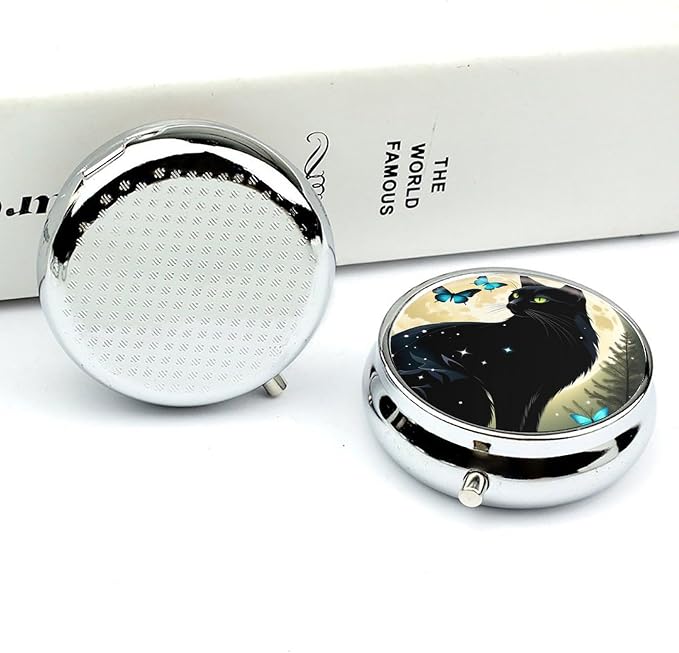Black Cat and Butterfly Metal Round Pill Box, 3 Compartment Travel Organizer, Portable Pill Container with Secure Latch, 2 Inch Circular Vitamin Caddy for Pills and Vitamins, Gift for Him Her Elderly