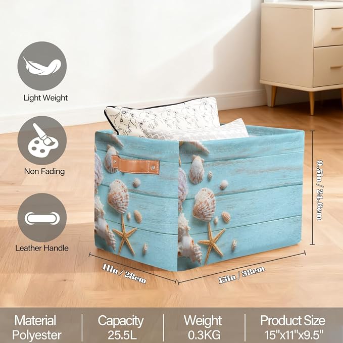 Pardick Storage Baskets Bin, Summer Wood Seashell Starfish Collapsible Canvas Fabric Storage Bin Decorative Baskets Toy Organizer Rectangle Storage Boxes with handles for Home Shelves Nursery,A-5