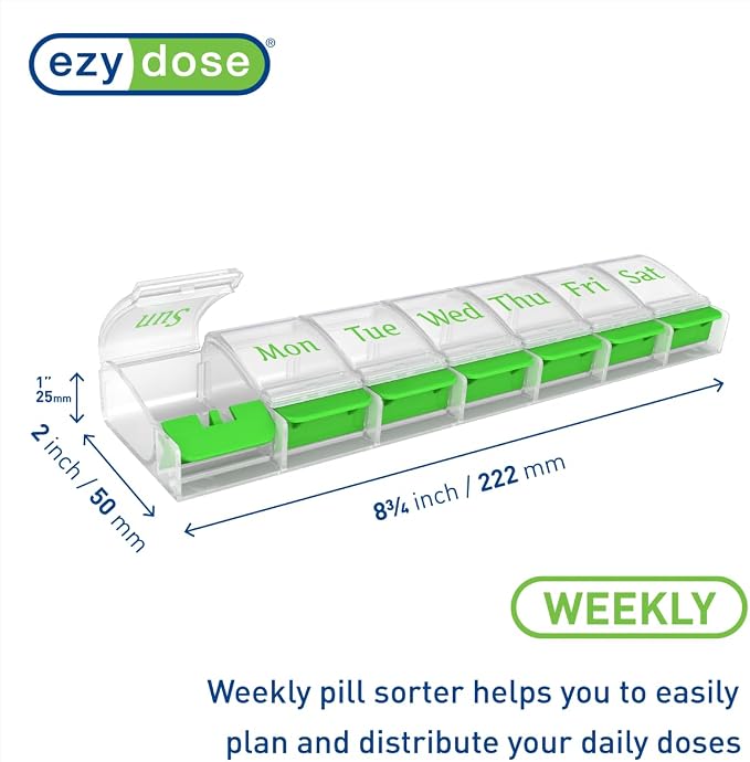 Ezy Dose Weekly (7-Day) Pill Organizer, X-Large Medicine Case, Green/Clear | Daily Vitamin & Supplement Planner, Spacious Push-Button Compartments, Convenient & Easy to Use, Travel-Friendly, BPA-Free