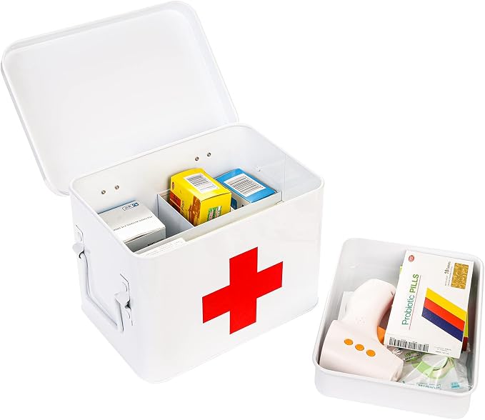 WUWEOT Metal First aid Box, Divided Medicine Tin First Aid Kit, Vintage Antique Empty Boxes with Lid and Removable Tray for Home Family Emergency Tool