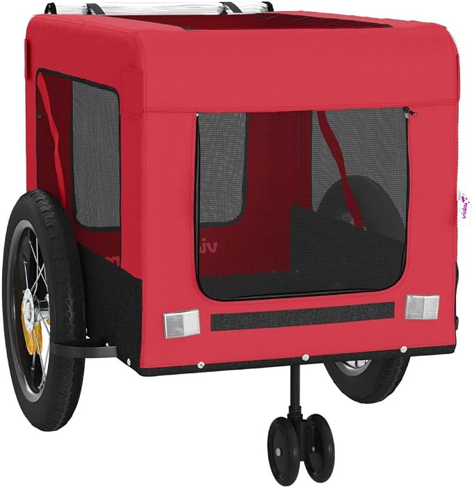 Pet Bike Trailer for Small Dogs, Foldable Bicycle Cargo Trailer with Push Bar, Mesh Windows, Reflectors, and Safety Flag, 66 lbs Capacity, Red