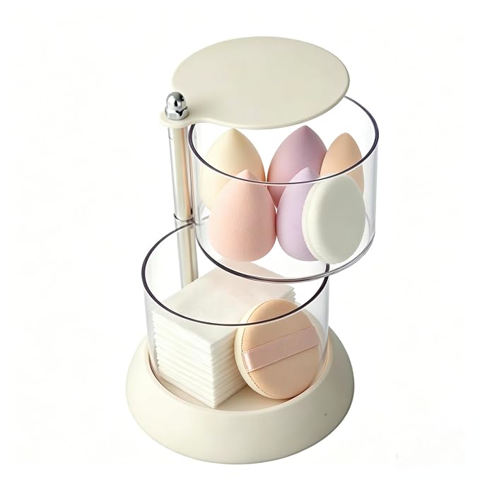 Makeup Sponge Holder,2 Tier Clear Pet Rotating Round Makeup Sponge Storage Box White Organizer Holder For Powder Puff Cotton Pads
