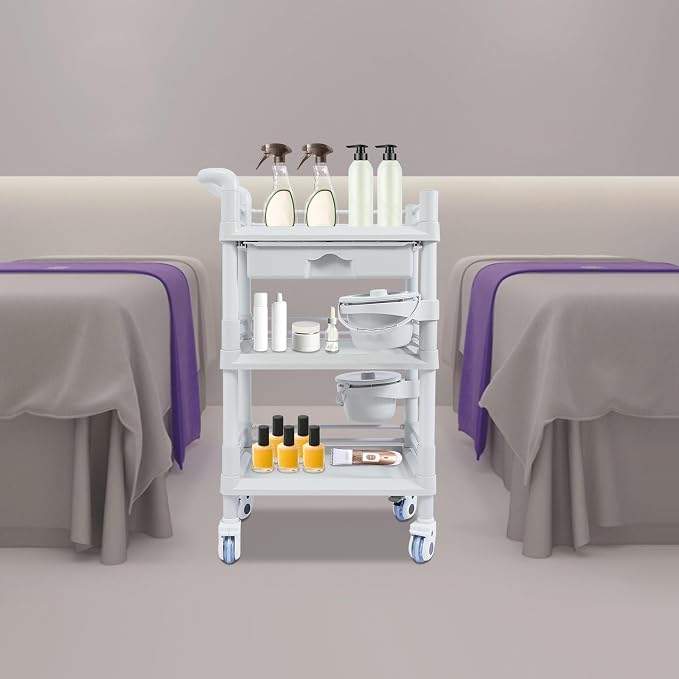 Mobile Salon Storage Cart with Wheel and Drawer, Portable 3-Tier Professional Trolleys, 176 Lbs Load Utility Tool, for Barber Stores, Spas, Homes, Beauty Store, Pet Shops (Grey)