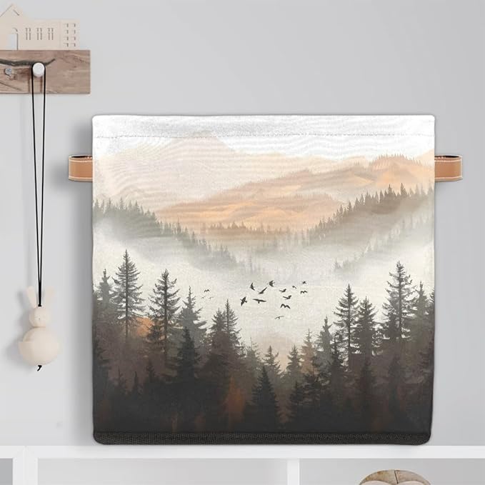 Forest with Mountain Cube Storage Bin, 13 Inch Collapsible Fabric Storage Cubes Bin, Foldable Cube Baskets for Shelf, Closet, Organizer