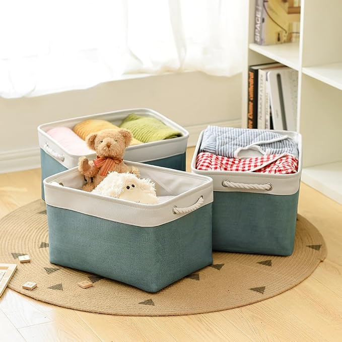 Organization and Storage basket for Organizing - 3 Pack 16x12x12 inch Cube Storage Bin for Shelves, Fabric Storage Cubes for Organizer Cloth Closet Toy Box (White & Green)