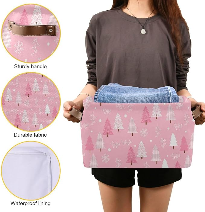 Christmas Tree Pink Storage Basket Fabric Kitchen Baskets Winter Snowflake Xmas Decorations Open Home Storage Bins Boxes Foldable Organizer Bag for Toy Book Shelf Closet Baskets 16×12×8 Inches 2 Pack