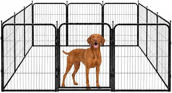 Dog Play Pen for Indoor Use - 32'', 12 Panels for Small and Medium Size Dogs - Metal Heavy Duty Pet Fence with Anti-Slip Feet - Portable Black Playpen Kennel for House or Garage