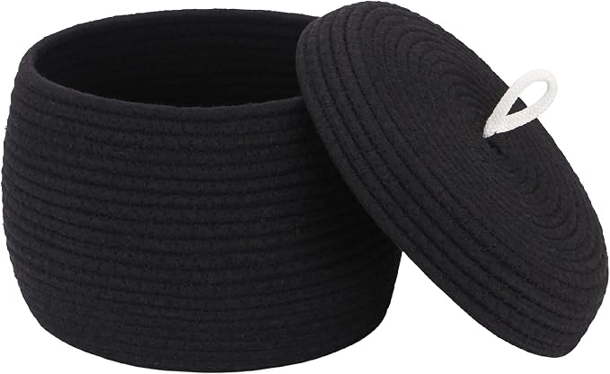 Sea Team Round Woven Cotton Rope Storage Basket with Lid, Black | Lidded Knitted Decorative Storage Bin, Pot, Caddy, Organizer, Container for Snacks, Towels, Plants, 10 x 7.5 Inches