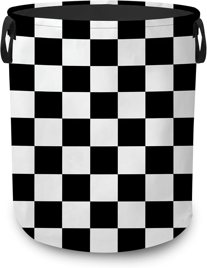 Laundry Hamper,Black White Checkerboard Collapsible Laundry Basket with Handles,Checkered Waterproof Oxford Cloth Clothes Organizer for Bedroom Bathroom Dorm Nursery,16 x 20 Inch