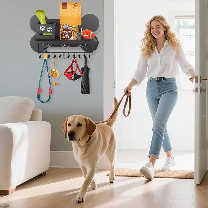 Wood Dog Leash Holder for Wall, Black Bone Hook for Entryway | 3 double hanging points, 11 mini clips, built-in pet waste bag cavity, quick wall installation