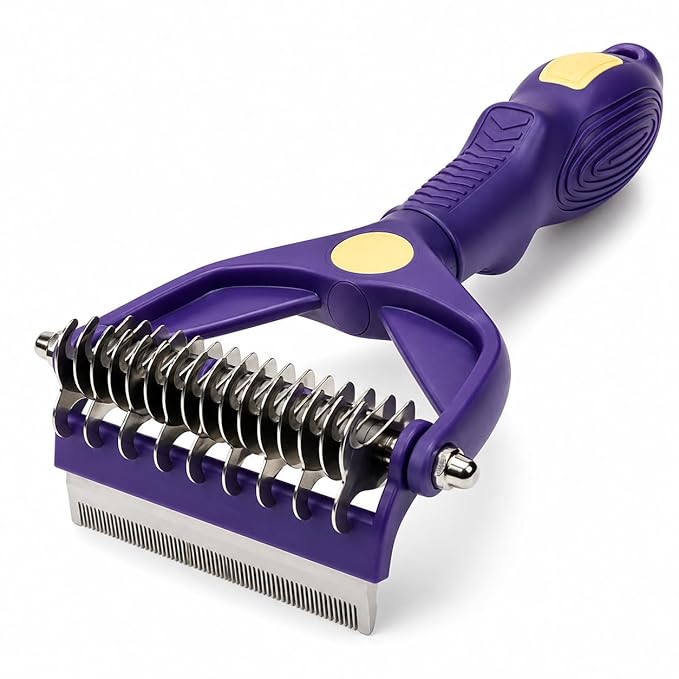 Dog Dematting Comb for Matted Hair, 9+17 Teeth 2-Step Detangler, Stainless Steel Undercoat Rake with Flea Comb, 3-in-1 Grooming Tool for Long-Haired Dogs