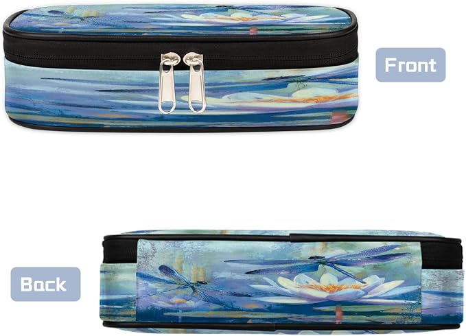 Cute Pencil Case for Girls Boys, Water Lilies Dragonfly Art Portable Pencil Bags Pouch Pen Case Organizer with Zipper for School College Office