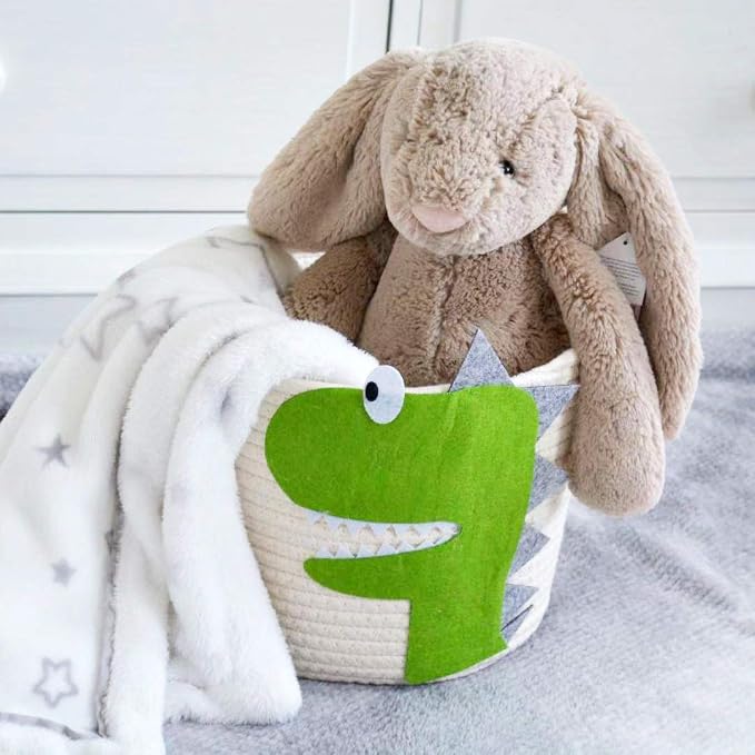 T&T Homewares Small Cotton Rope Basket with Cute Green Dinosaur for Baby Diaper Organizer, Woodland Nursery Storage, Kids Room Organizer, Baby Laundry Baskets, Cat Dog Toy Basket