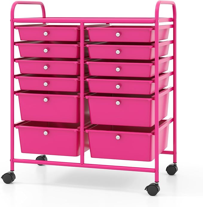 12 Drawer Rolling Storage Cart, Art Cart Organizer on Wheels, Mobile Utility Cart with Drawers, Multipurpose Craft Drawers for Home Office School Classroom (Hot Pink)