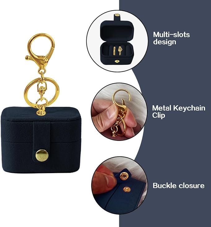Small Wedding Ring Bearer Pillow Box for Dog Collar, Velvet Travel Mini Jewelry Holder Pouch Bridesmaid Gifts, Multi-Slots Earrings Storage Case for Women Girls, Pocket Size Necklaces Organizer(Navy)