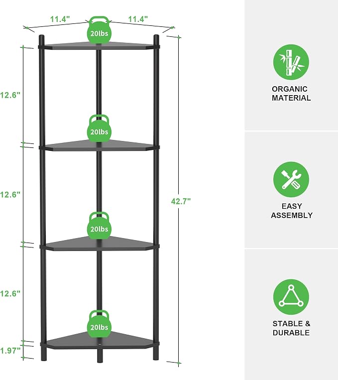 Wisuce Black Small Corner Shelf Stand, 4-Tier Bamboo Corner Bookshelf | Space-Saving Narrow Corner Shelf | Bathroom Corner Shelf | Shelves for Bedroom, Living Room, Kitchen & Plant Display