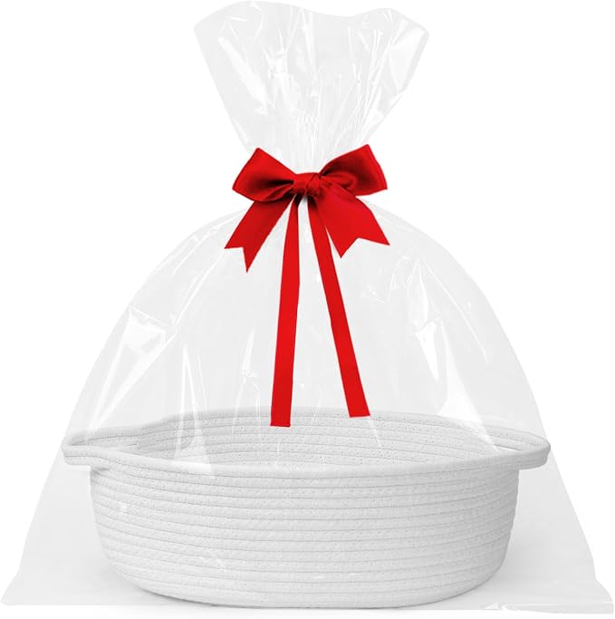 Small Baskets for Gifts Empty, 13"x 9"x 5" Woven Gift Basket with Bag and Ribbon, Cotton Rope Kids Dog Cat Toy Bin Box, Cute Baby Nursery Organizer, Decorative Storage with Handles (White)