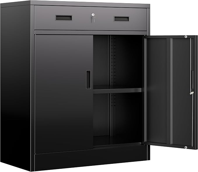 BESFUR Metal Garage Storage Cabinet with One Lockable Drawer 2 Locking Doors and an Adjustable Shelf, 36" Black Metal Short Storage Cabinet for Home Office,Garage,School,Utility Room