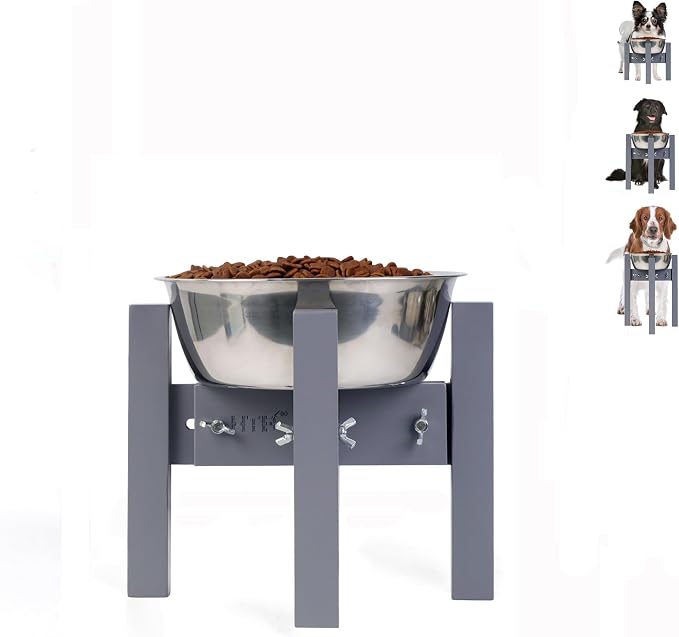 Elevated Dog Bowl Stand Adjustable Dog Food Holder 7”H Small Grey | 7” Elevated Dog Bowl Stand, Small Dogs, Adjustable, Fits 6”-8” Bowls, Single Bowl Holder, Natural Bamboo, Classic Grey