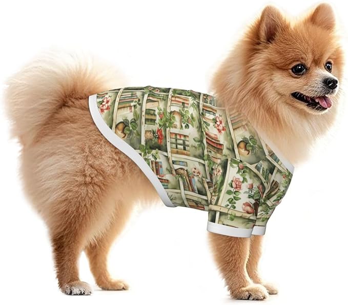 Vintage Bookshelf Dog T Shirt Dogs Cats Cotton Shirts Short Sleeve Clothes Soft Stretchy Pet Costume Doggy Outfit Pullover Jumper Puppy Sweatshirt Large
