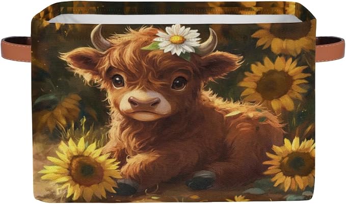 Cute Baby Cow Storage Basket with Handles Fabric Storage Bins Collapsible Nursery Basket for Shelf Book Cloth Closet Organizer Box 15 X 11 X 9.5 IN
