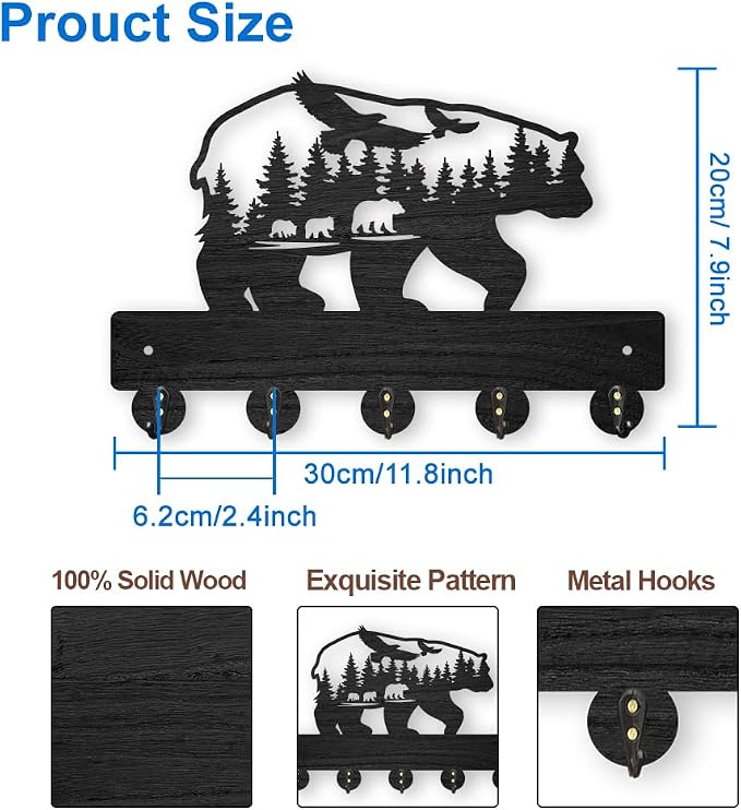 MAYJOYDIY Bear Forest Bird Coat Rack Wall Mount 11.8×7.9inch Bear Wall Art Decor Wildlife Animal Key Holder for Wall Black Wooden Key Hanger Rack 5 Alloy Hooks for Kitchen Bedroom Entryway Gifts