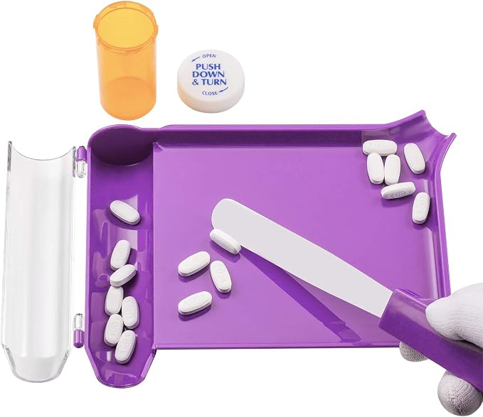 Medarchitect Right Hand Pill Counting Tray with Spatula, Purple | Dual-channel food-grade surface made without BPA, with hooked plastic handle for sanitary tablet sorting