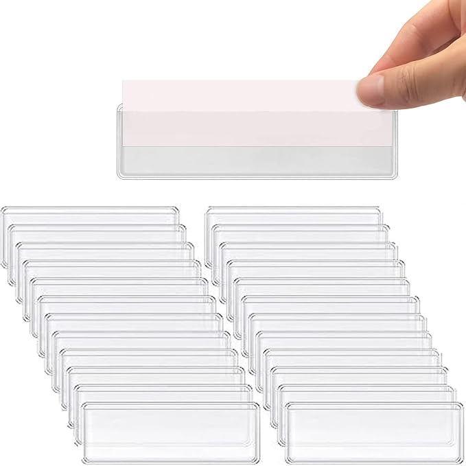 Adhesive Shelf Tag Label Holders Clear, Label for Storage Bins, 60pcs | Clear Drawers Label with Index, Card Pockets for File, Cabinet, Supermarket, Bookshelf, Mailbox, Kitchen, 1x4.1'