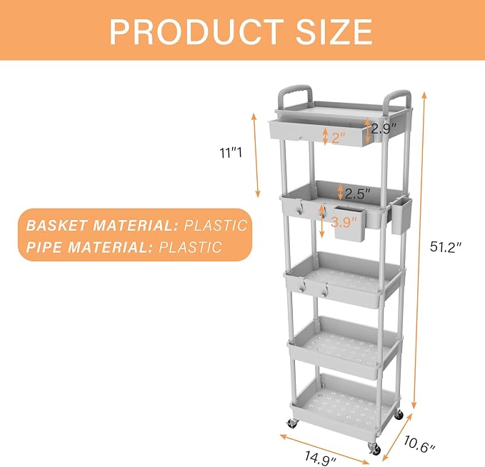 5 Tier Rolling Utility Cart with Drawer,REBECAT Utility Cart Made of Multifunctional Storage Organizer Tool for Kitchen,Bathroom,Living Room,Office(Gray)