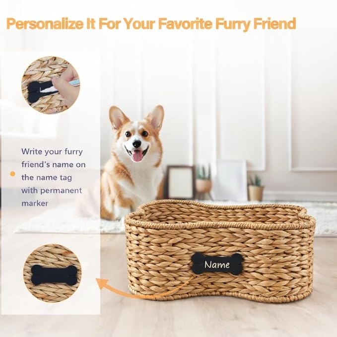 Pet Dog Toy Basket - Bone Shape Storage Bin, Personalized Organizer for Cat Toys, Wicker Holder Box for Living Room, Handmade Water Hyacinth