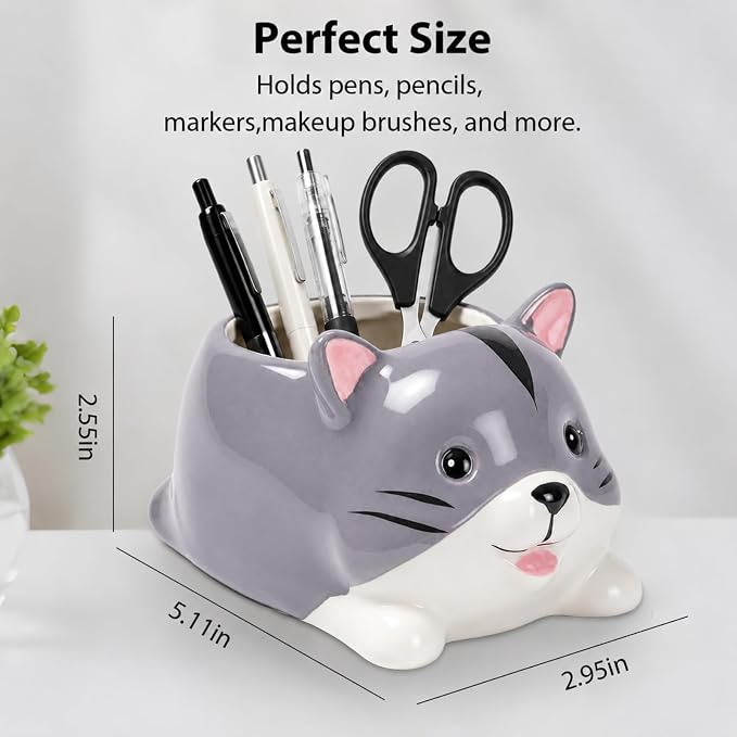 Ceramic Cat Shaped Pen Pencil Holder for Desk Decoration Accessories Cat Decor Makeup Brush Pen Cups Office School Ideal Gifts for Women, Mom or Birthdays