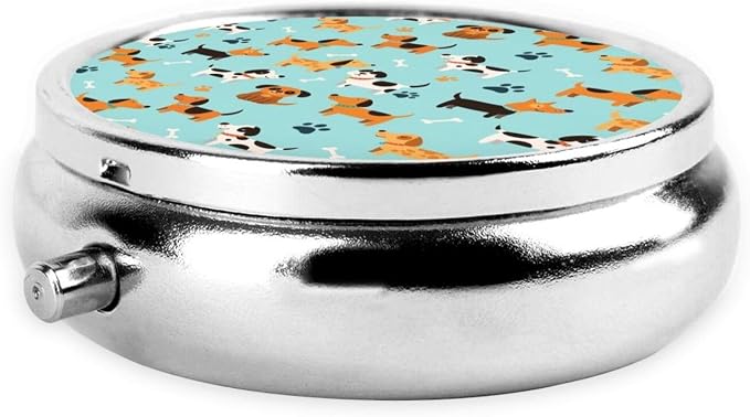 Mini Pill Organizer, Cute White Brown Dogs Round Compact Dispenser, Portable Holder for Fish Oil, Travel Pill Box Purse Use for Students