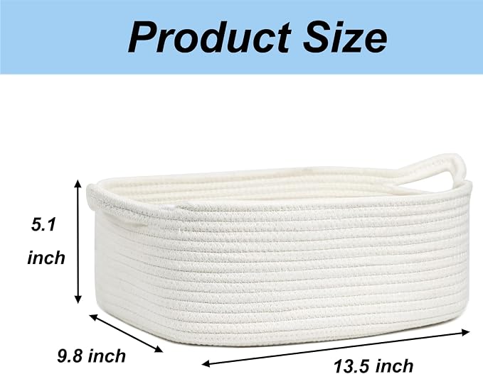 Woven Cotton Rope Storage Basket with Handles, White, 13.5 Inch | Empty Gift Basket, Bathroom and Closet Organizer, Nursery Toy Storage, Decorative Boho Basket, Shelf Storage Bin