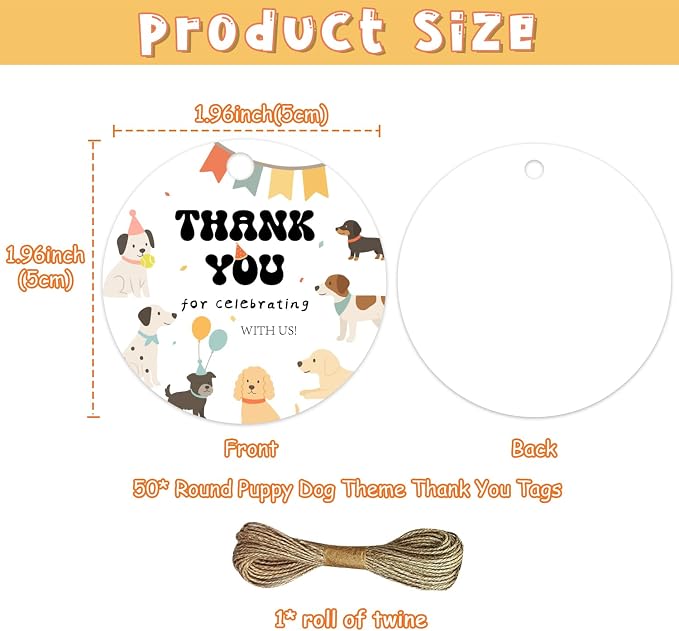 50Pcs Dog Thank You Tags Exquisite Puppy Paper Gift Tags with String | Puppy Dog Party Favors for Pet Themed Baby Shower Birthday Party Favors