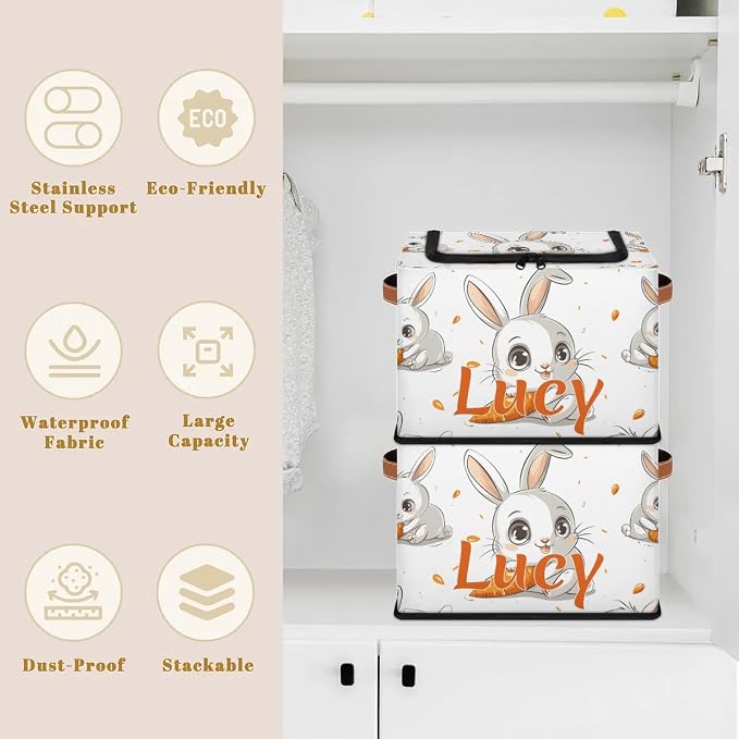 Custom Cute Rabbit Storage-Bin With Zipper Lid for Kids-Girls-Boys-Baby-Pet,Personalized Name Foldable Storage Box with Handle,Baby Basket With Label for Bedroom Nursery Toy Clothes